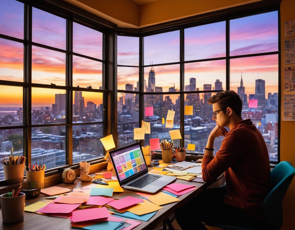 A creative writer sitting at a vibrant desk cluttered with notebooks, a laptop, and colorful post-it notes, deep in thought. Behind them is a large window showcasing a city skyline at sunset, symbolizing the vast blogosphere. Various digital content elements float around, like blog icons and social media logos. The scene is filled with inspiring quotes on the walls and a cozy, inviting atmosphere. super-realistic. vibrant colors. warm lighting.