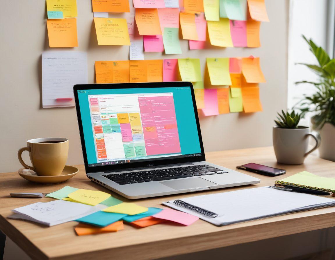 A modern workspace featuring a sleek laptop displaying a vibrant blog design in progress, surrounded by colorful sticky notes and an open notebook with marketing strategies written down. A coffee cup sits nearby, symbolizing creativity and focus. The background shows a wall with inspiring quotes about success and design, bathed in natural light. bright color palette. minimalistic style. super-realistic.