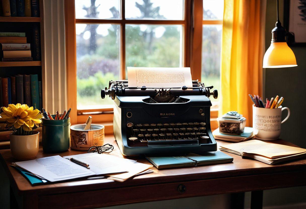 A whimsical writer’s desk filled with colorful notebooks, a vintage typewriter, and scattered papers, each bursting with creative ideas. Surrounding the desk are vibrant illustrations of unique content elements like lightbulbs, quills, and inspiring quotes floating in the air. Soft sunlight filters through a nearby window, casting a warm glow over the scene. The background features shelves filled with books that showcase various blogging styles. painting. vibrant colors. soft focus.